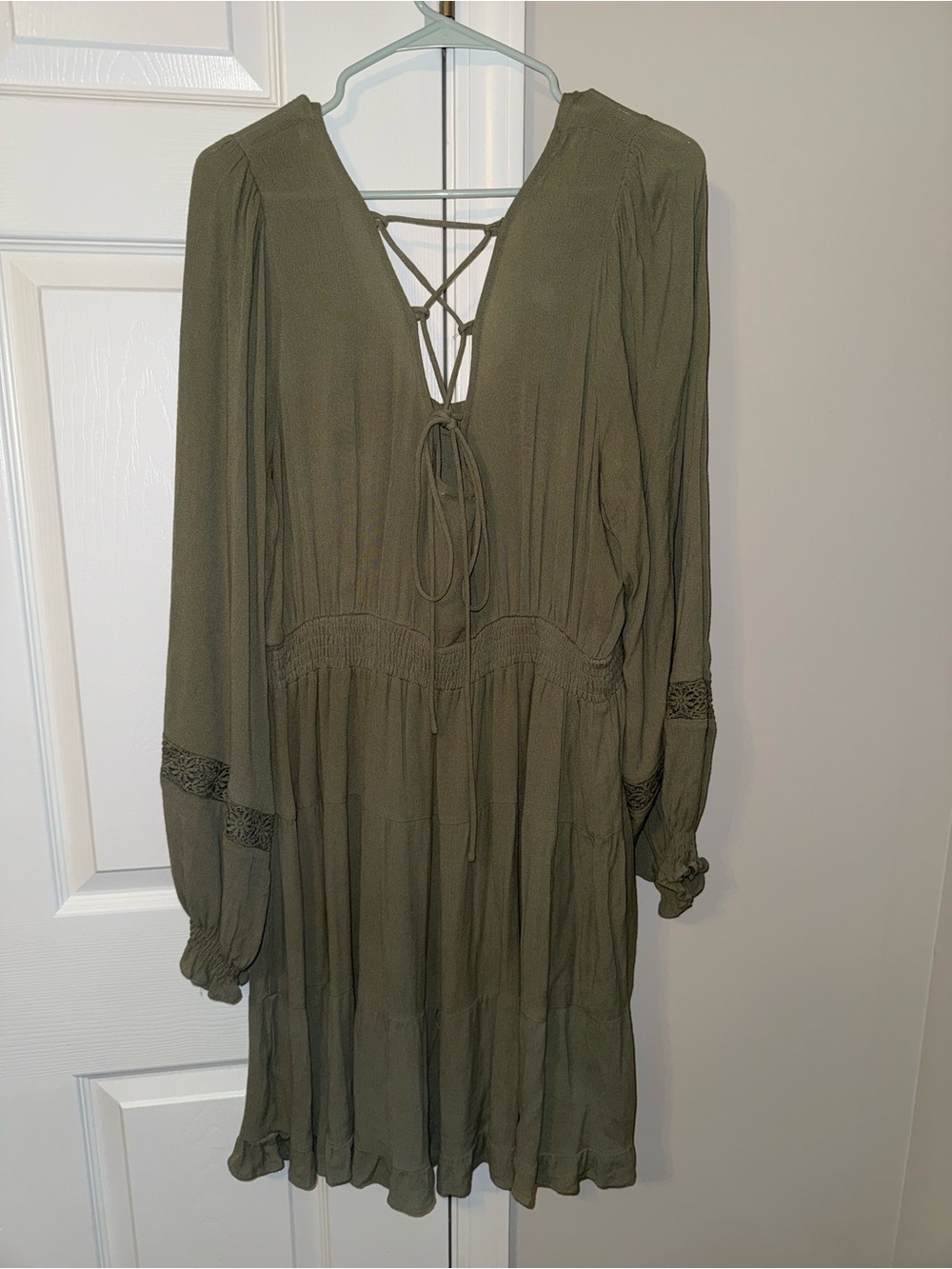 Olive Green Long Sleeve Lace Up Back Boho Dress